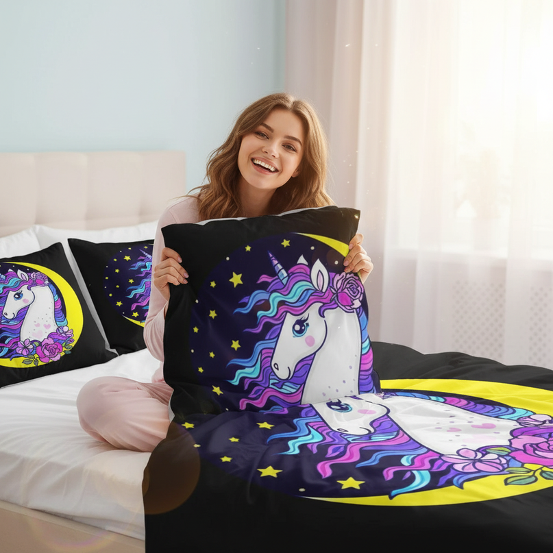 black moon rose unicorn bedding - in-use