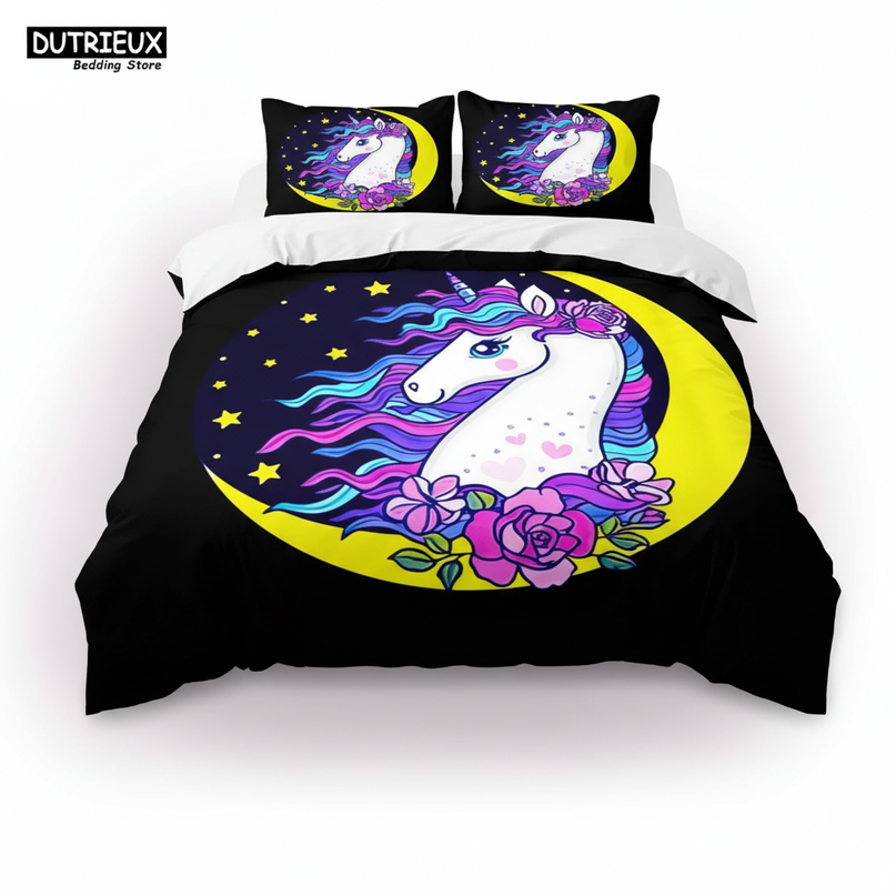 black moon rose unicorn bedding - white-bg
