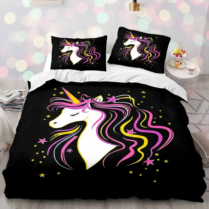 black neon mane unicorn bedding - detail