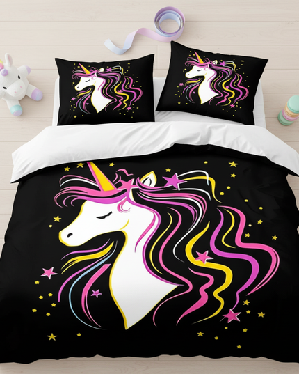 black neon mane unicorn bedding - flat-lay