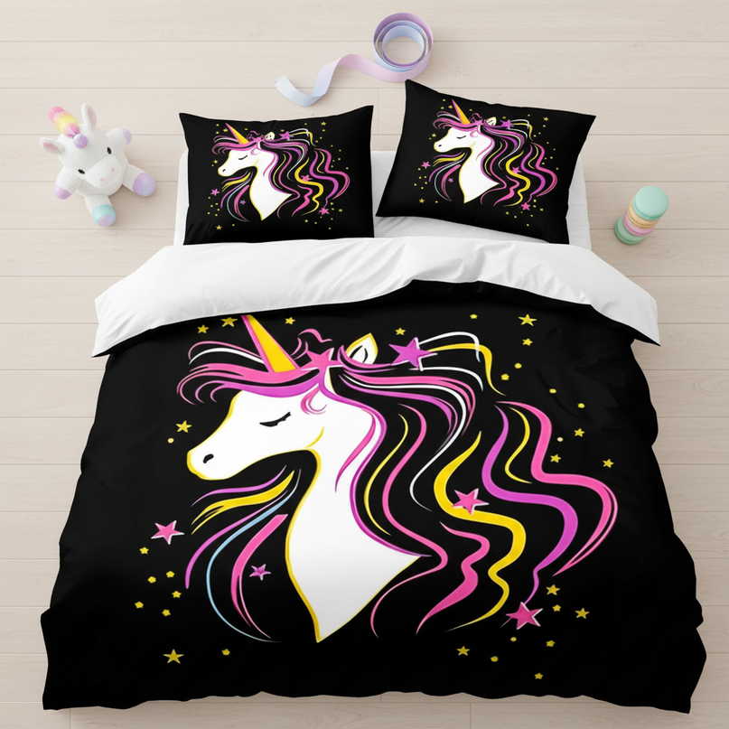 black neon mane unicorn bedding - flat-lay