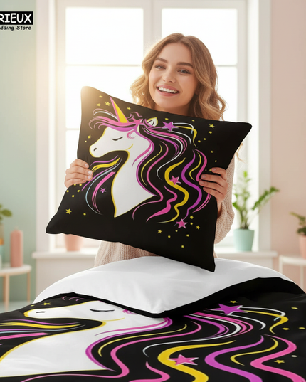 black neon mane unicorn bedding - in-use