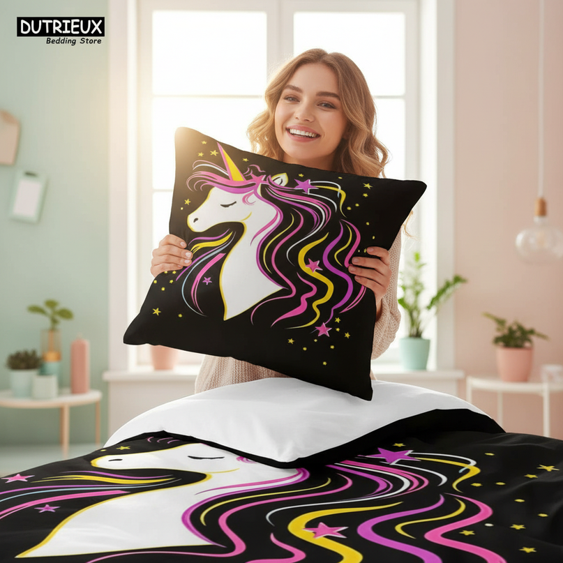 black neon mane unicorn bedding - in-use