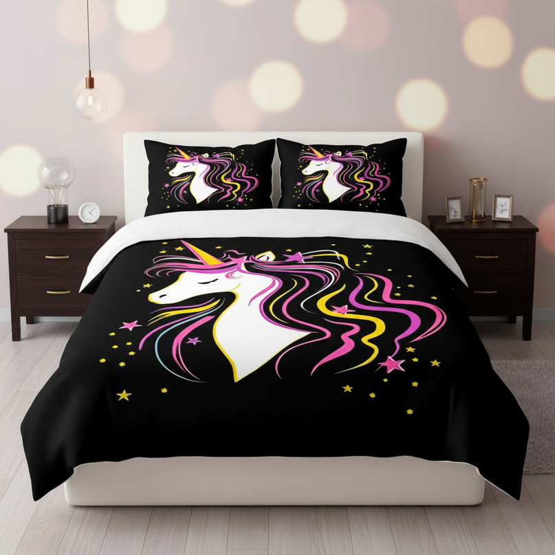 black neon mane unicorn bedding - lifestyle