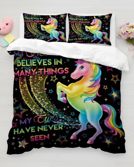 black neon unicorn bedding - flat-lay