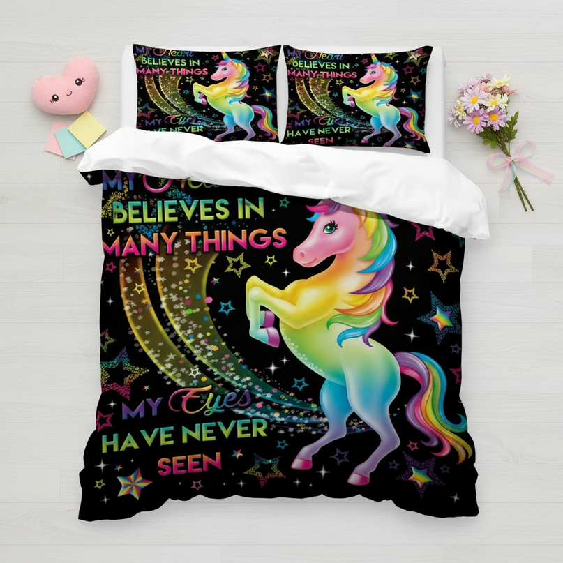 black neon unicorn bedding - flat-lay