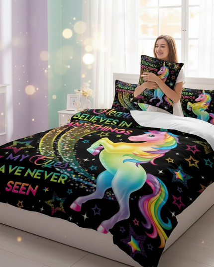 black neon unicorn bedding - in-use