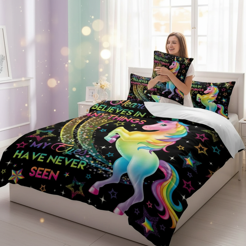 black neon unicorn bedding - in-use