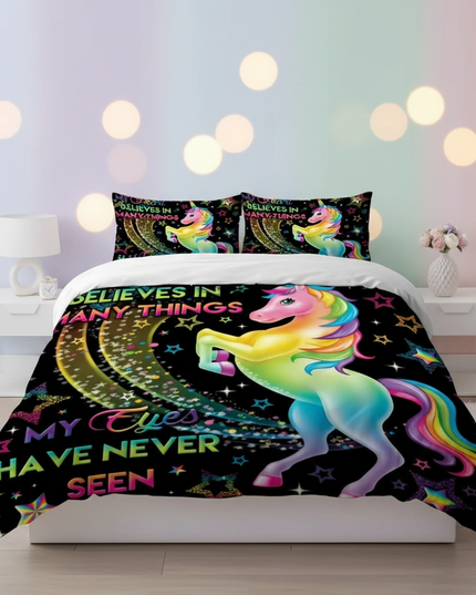 black neon unicorn bedding - lifestyle