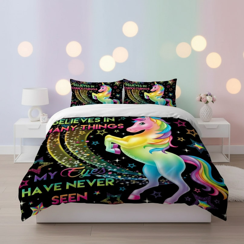 black neon unicorn bedding - lifestyle