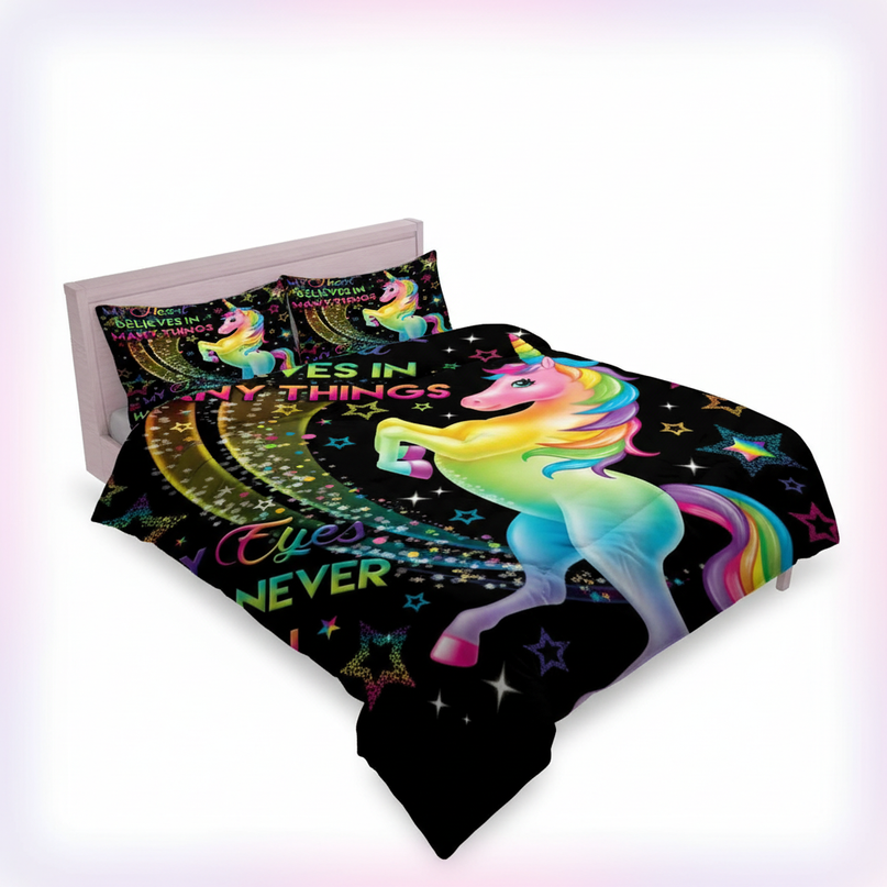 black neon unicorn bedding - white-bg