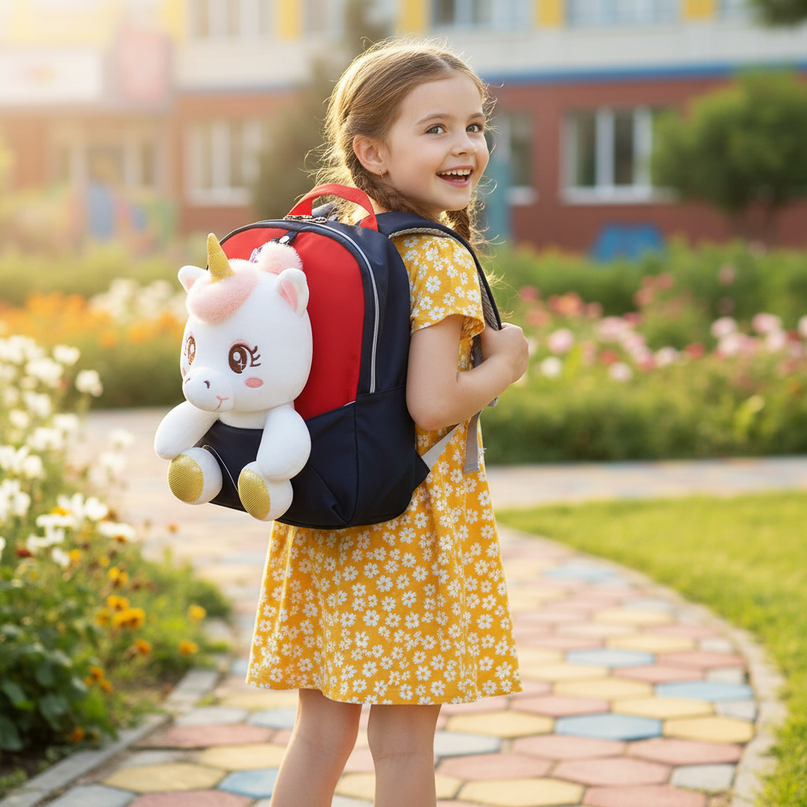 black plush unicorn toddler bag backpack - in-use