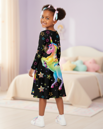 black rainbow unicorn long sleeve dress - back