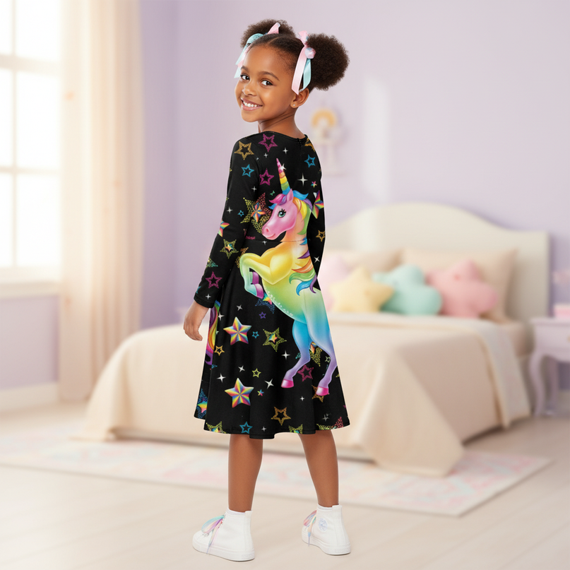 black rainbow unicorn long sleeve dress - back