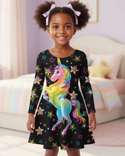 black rainbow unicorn long sleeve dress - detail