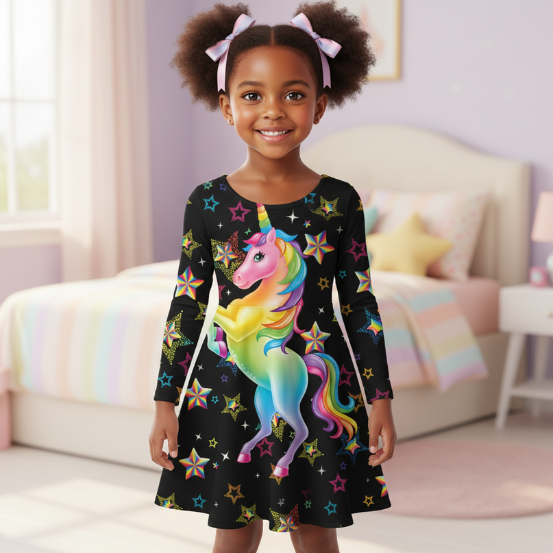 black rainbow unicorn long sleeve dress - detail