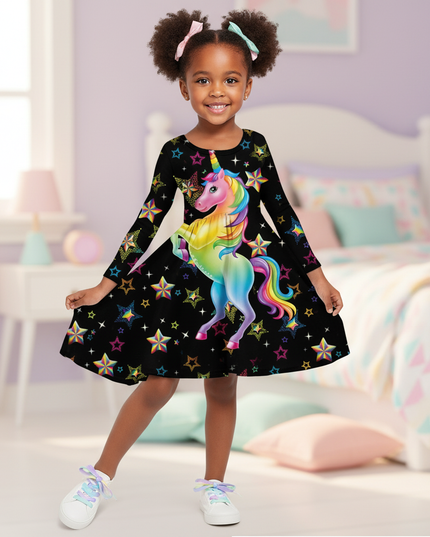 black rainbow unicorn long sleeve dress - front