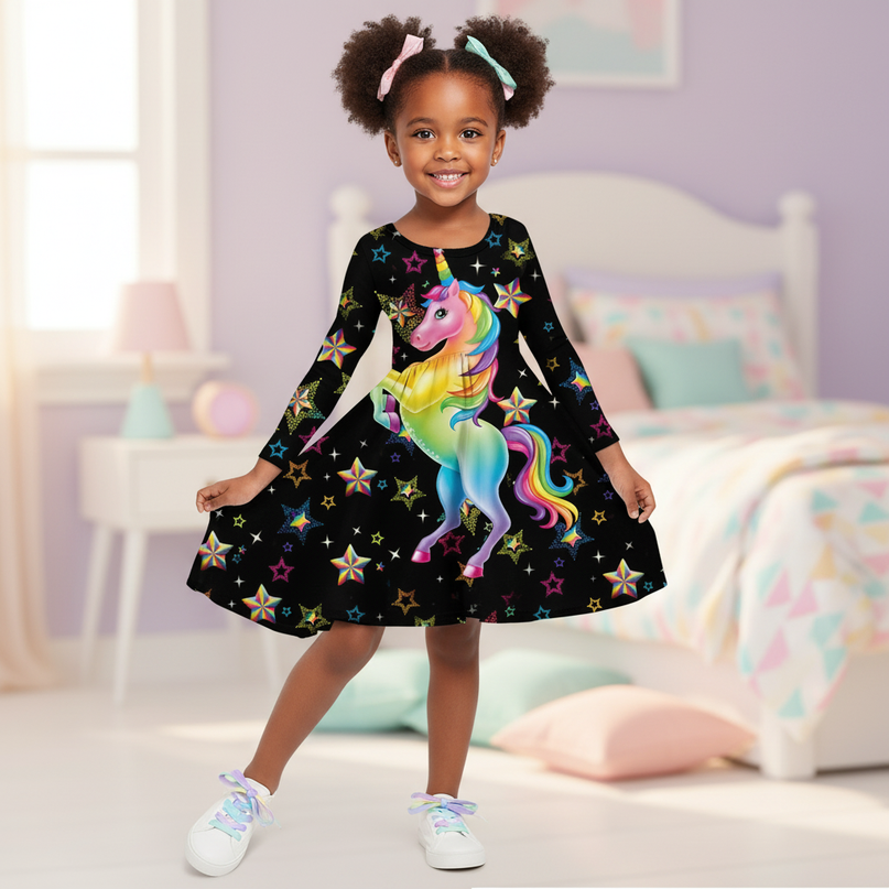 black rainbow unicorn long sleeve dress - front