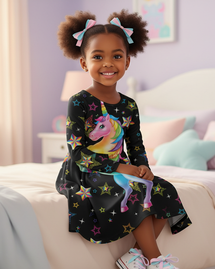 black rainbow unicorn long sleeve dress - sitting