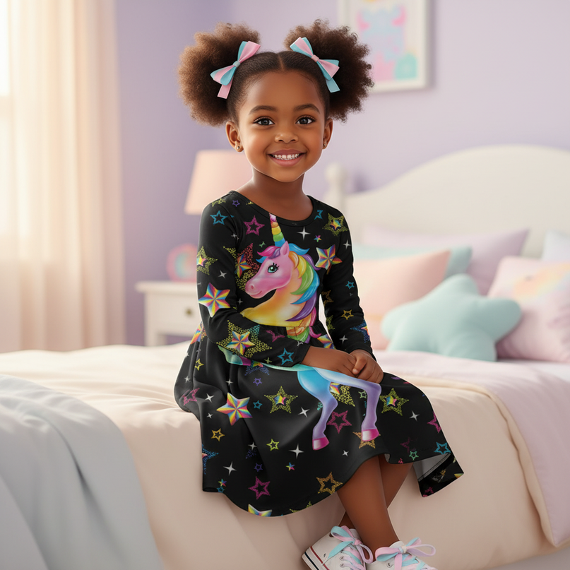 black rainbow unicorn long sleeve dress - sitting