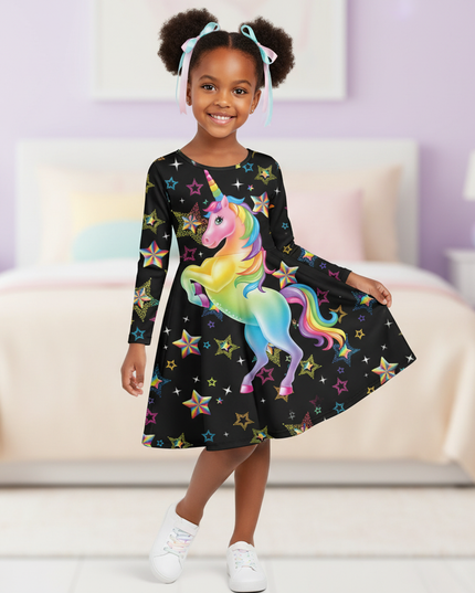 black rainbow unicorn long sleeve dress - three-quarter