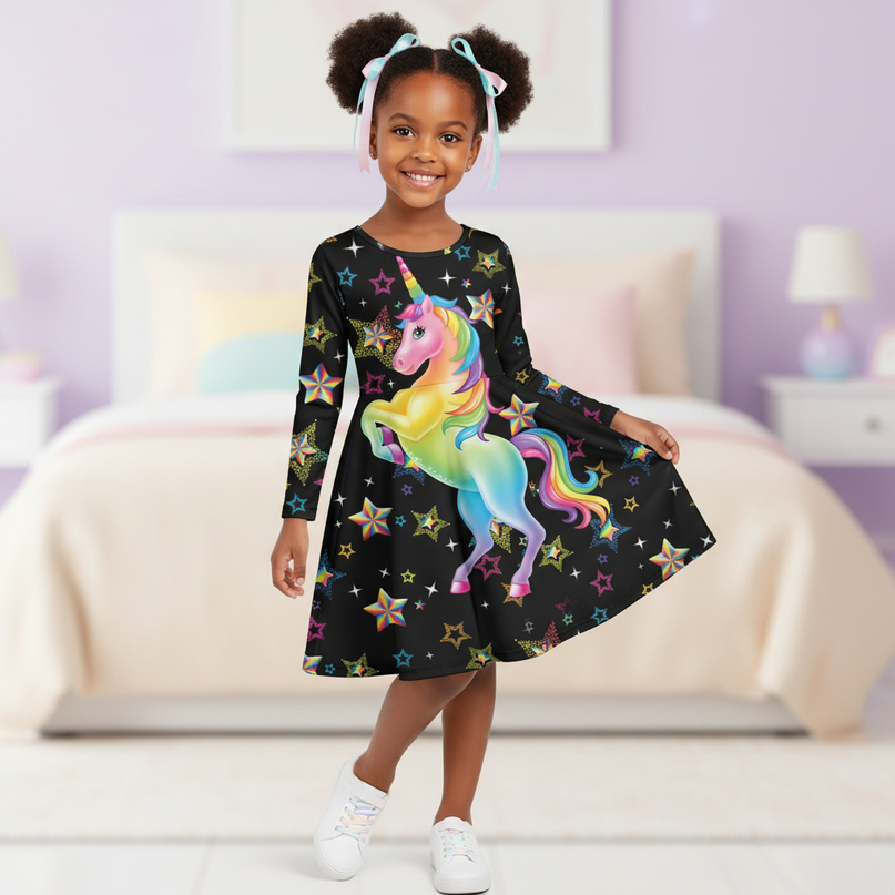 black rainbow unicorn long sleeve dress - three-quarter