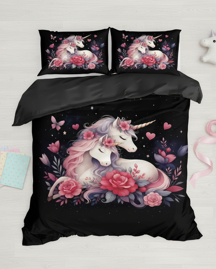 black rose unicorn bedding - flat-lay