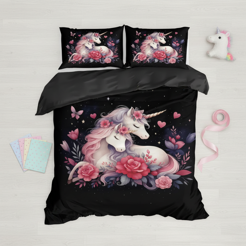 black rose unicorn bedding - flat-lay