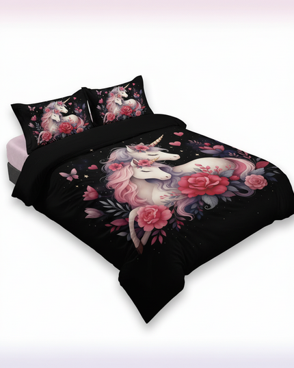 black rose unicorn bedding - white-bg