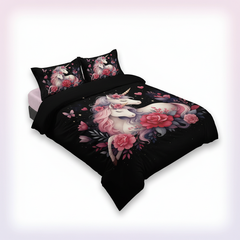 black rose unicorn bedding - white-bg