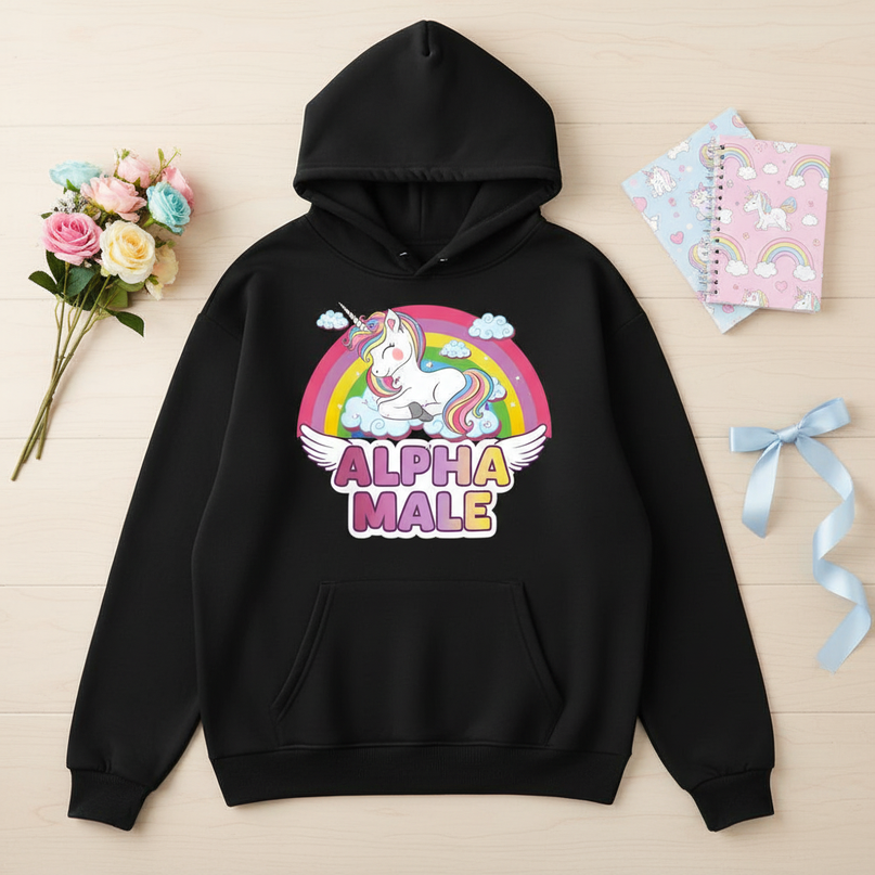 black sleeping unicorn hoodie - flat-lay