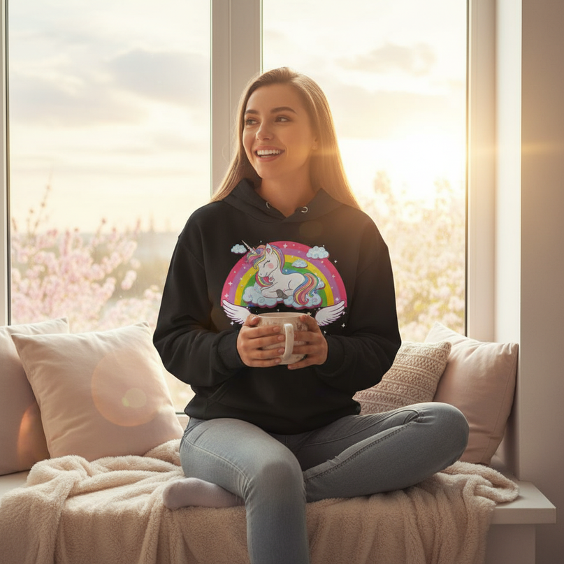 black sleeping unicorn hoodie - in-use