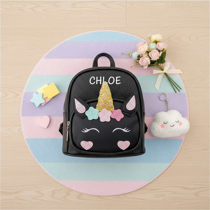 black unicorn backpack custom name - flat-lay