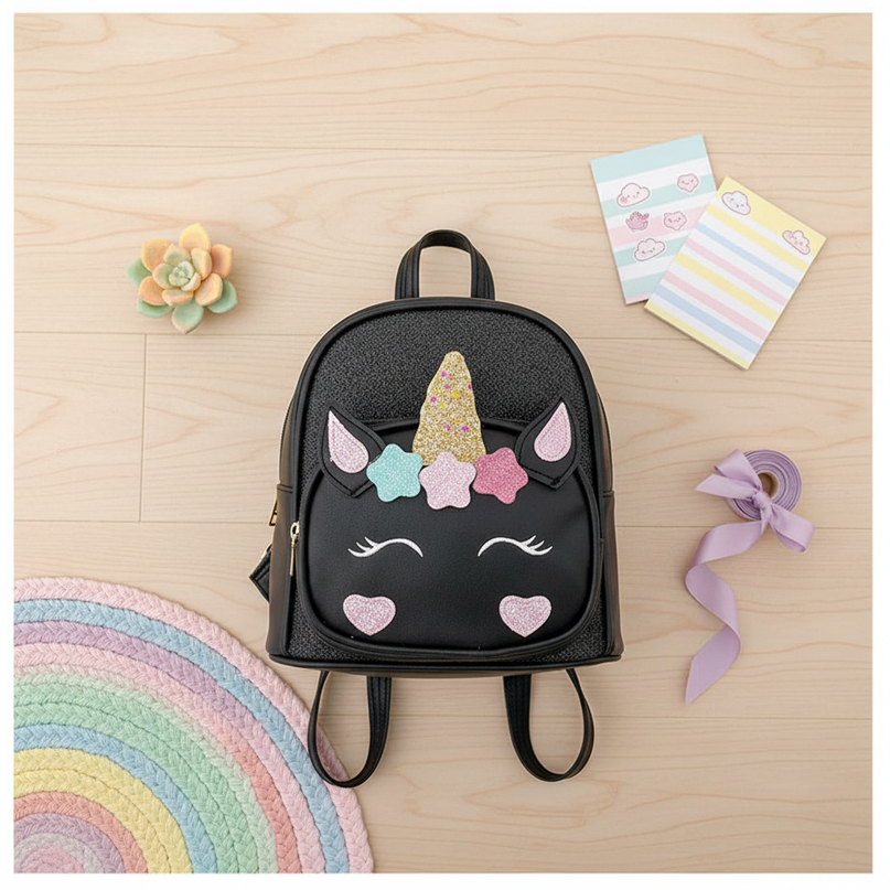 black unicorn backpack - flat-lay