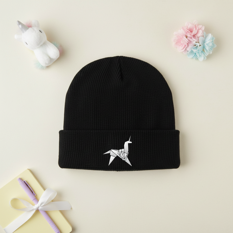 black unicorn beanie - flat-lay