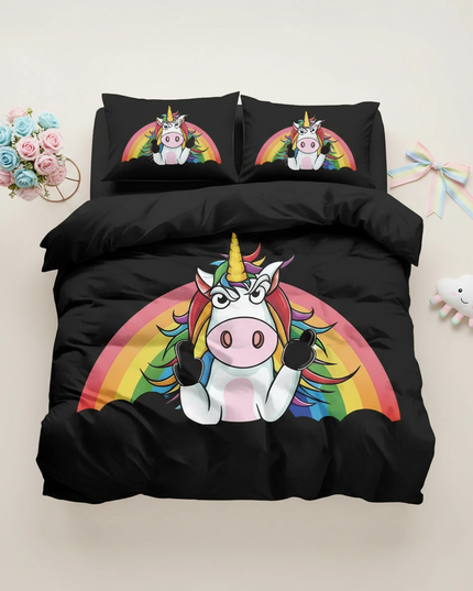 black unicorn bedding - flat-lay