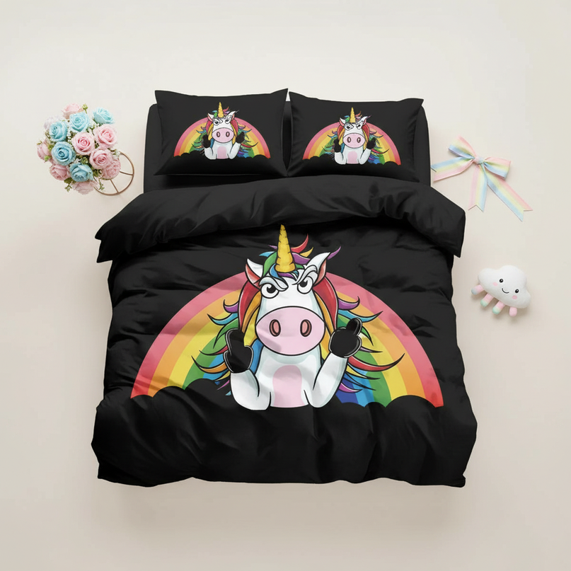 black unicorn bedding - flat-lay