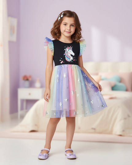 black unicorn foil print mesh dress - front