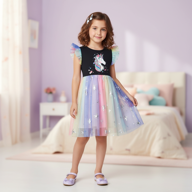 black unicorn foil print mesh dress - front