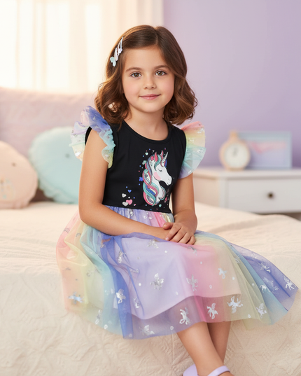 black unicorn foil print mesh dress - sitting