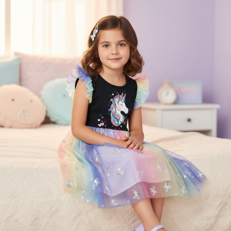 black unicorn foil print mesh dress - sitting