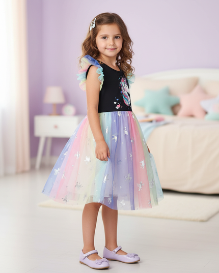 black unicorn foil print mesh dress - three-quarter