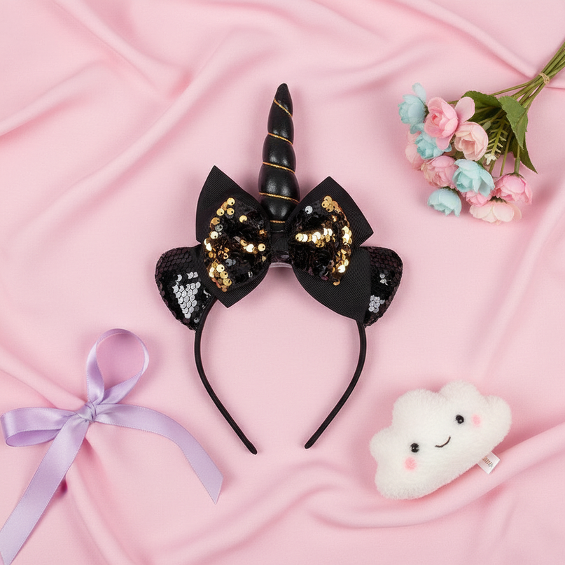black unicorn headband party - flat-lay