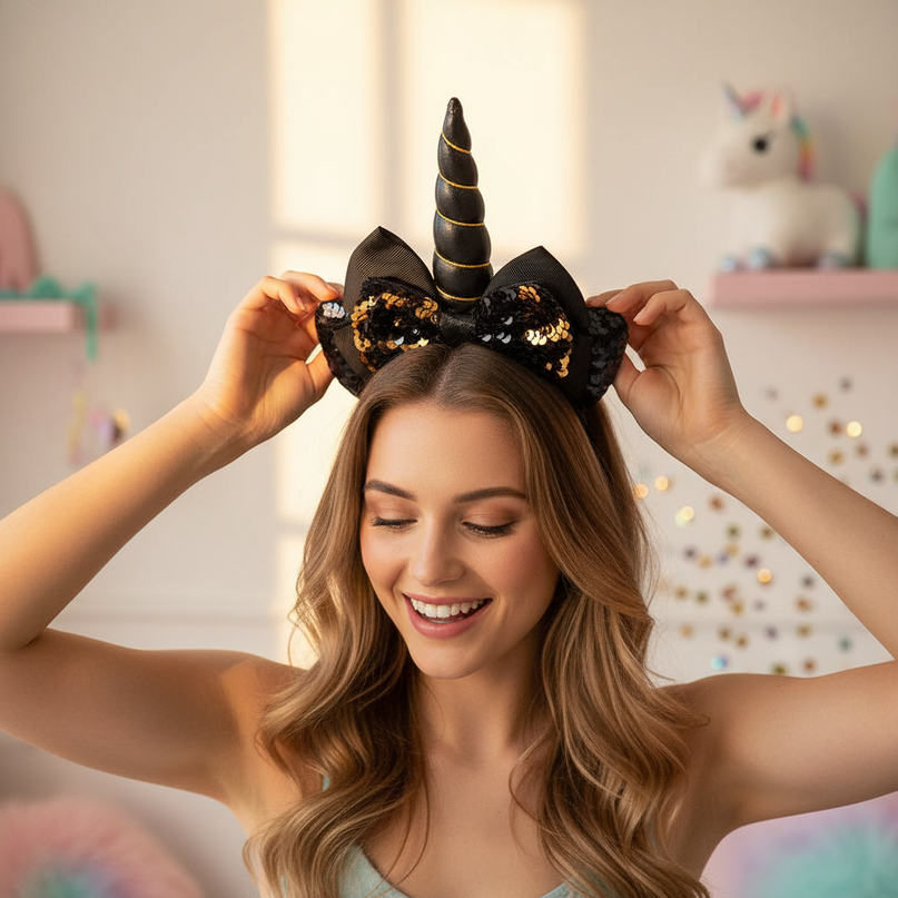 black unicorn headband party - in-use