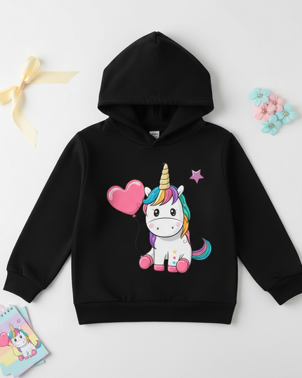 black unicorn heart hoodie kids - flat-lay