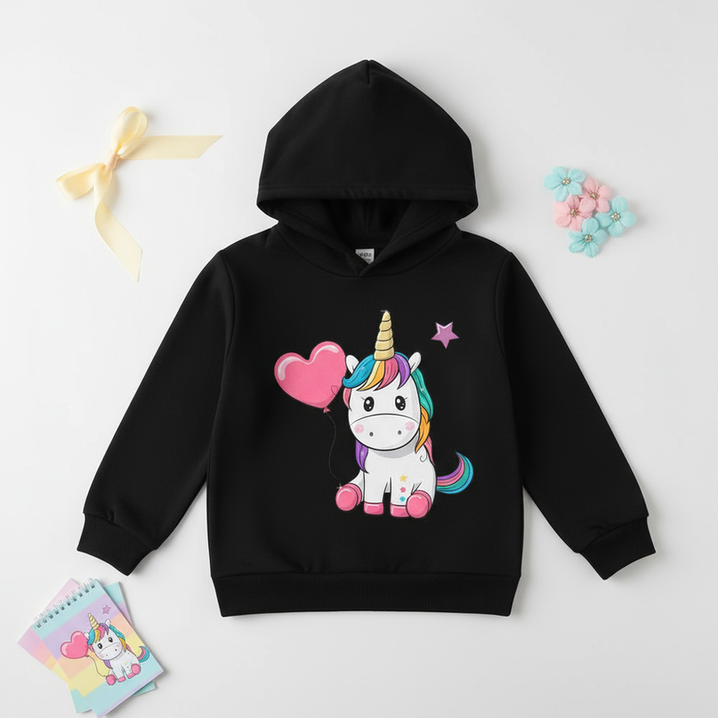 black unicorn heart hoodie kids - flat-lay