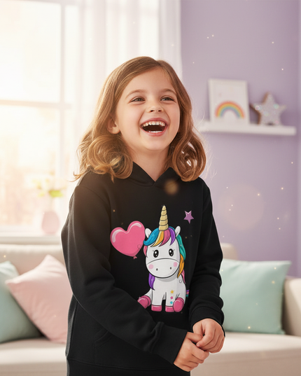 black unicorn heart hoodie kids - in-use