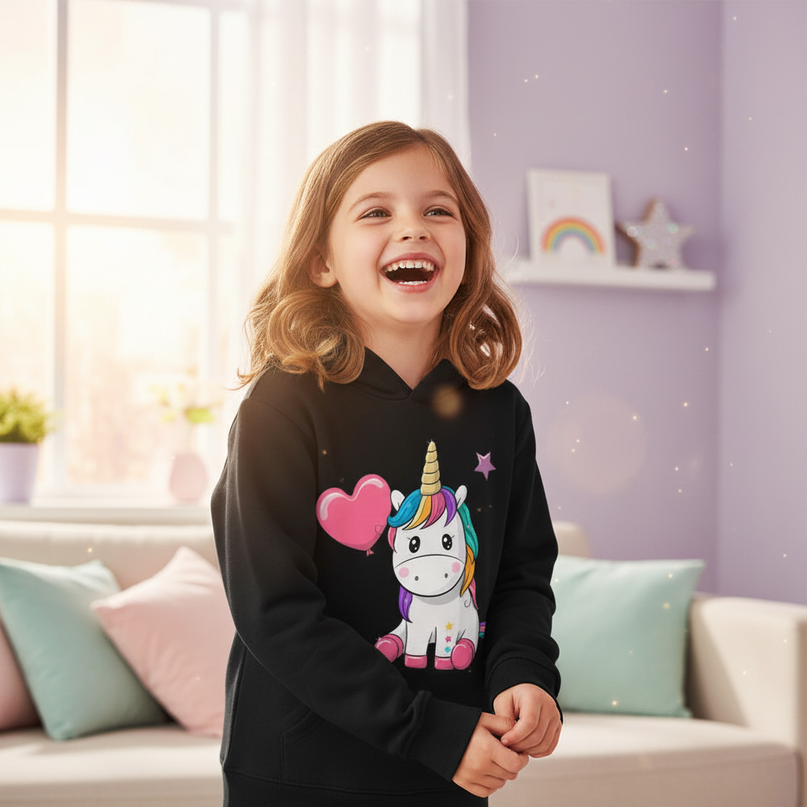 black unicorn heart hoodie kids - in-use