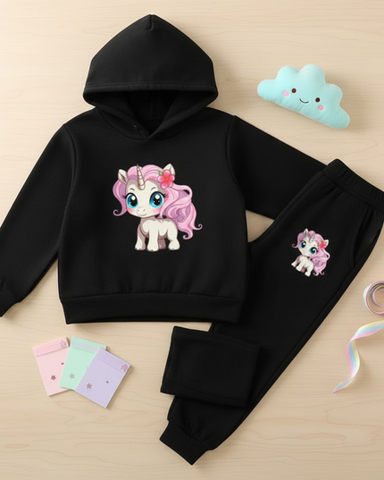 black unicorn hoodie kids outfit - flat-lay