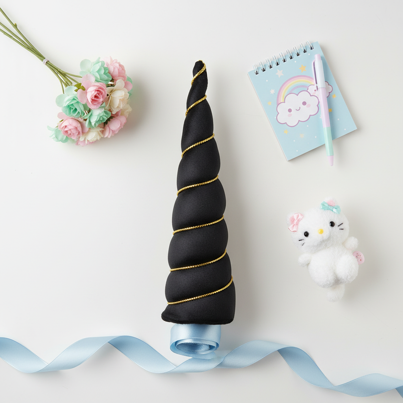 black unicorn horn - flat-lay